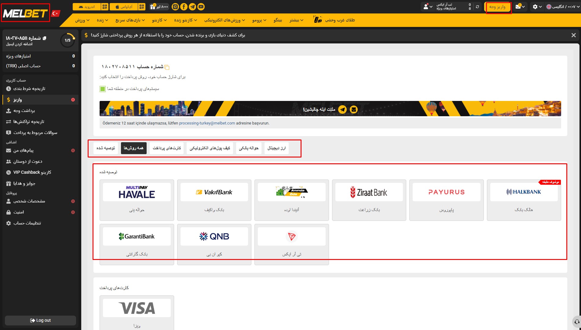 شارژ حساب و واریز پول در سایت مل بت